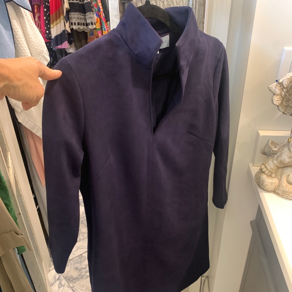 Tuckernuck mini suede dress in navy w 3/4 sleeves.